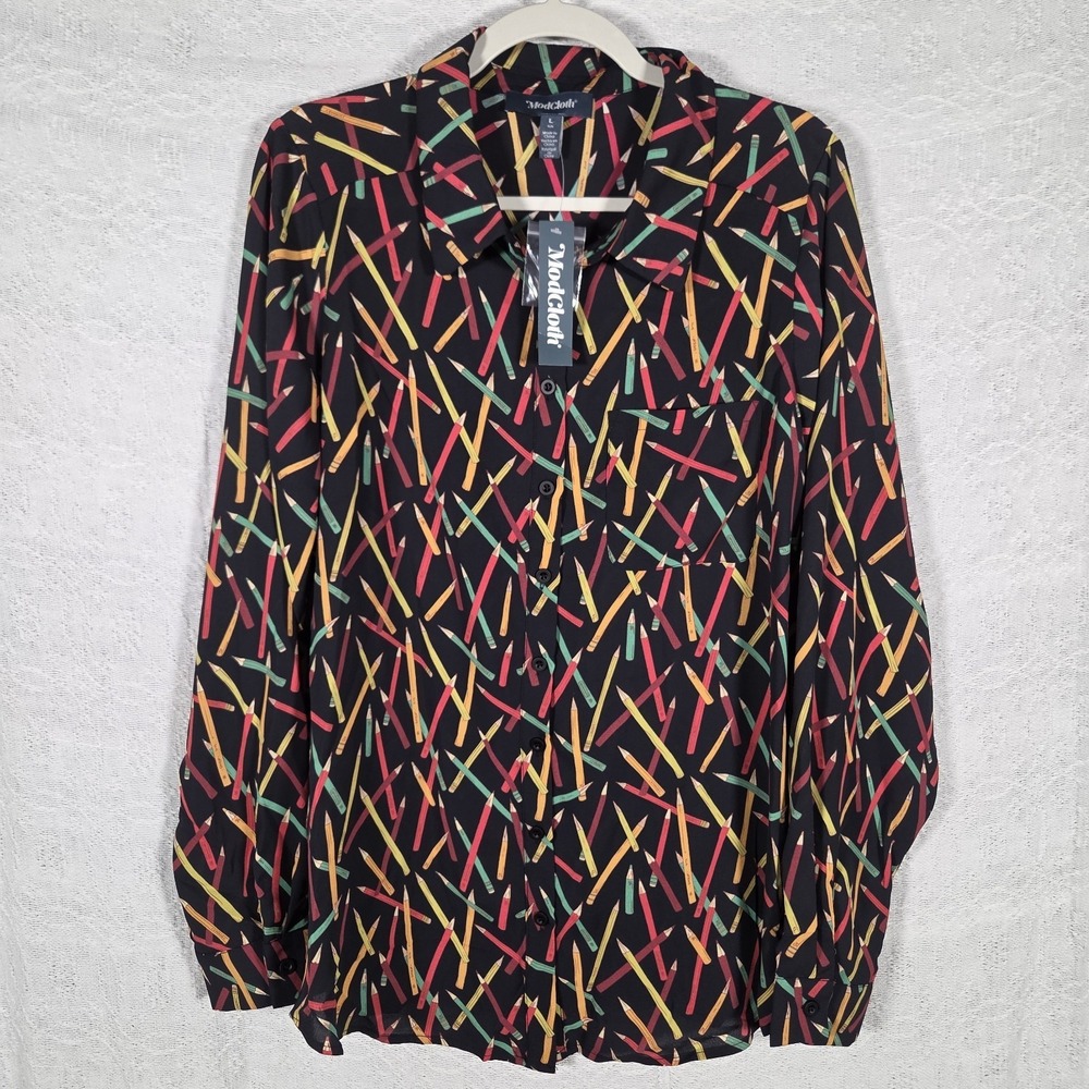 ModCloth Pencil Print Button Up Blouse Women's L Black Long Sleeve Novelty Print